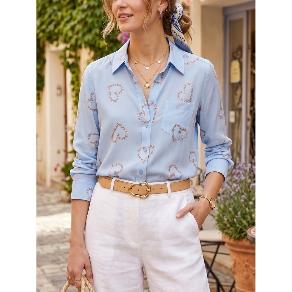 Equipment Brett 100% Silk Button Down Shirt Periwinkle Heart Print NWT S $258 - Picture 2 of 16